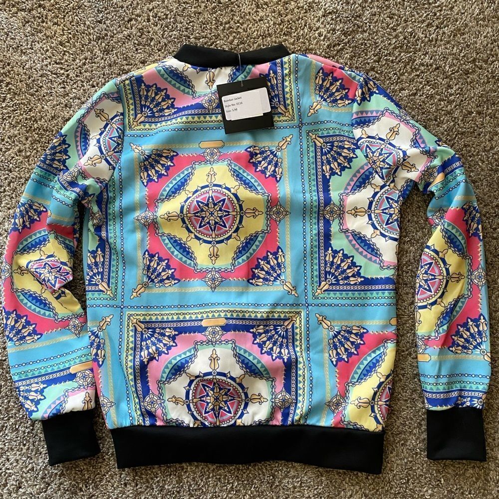 💼Light Wear Summer Bomber Jacket, Paisley Chain Print, Zip Front - Picture 10 of 13
